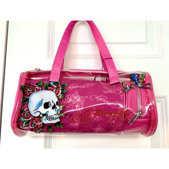 ED HARDY Transparent & Pink Skull PVC Barrel Shoulder Handbag - Picture 3 of 7